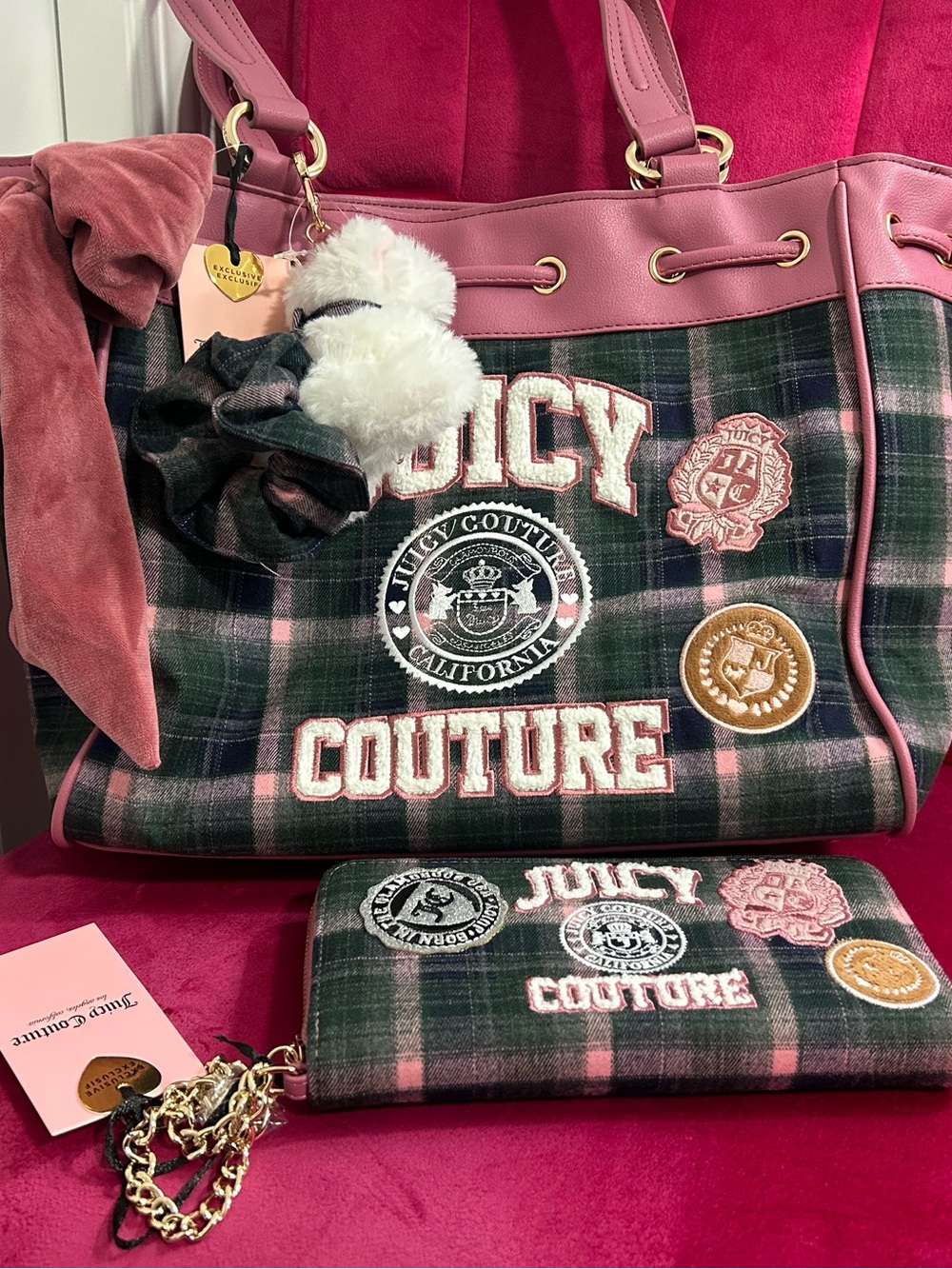Juicy Couture Varsity Plaid Tote Bag with Matching Wallet